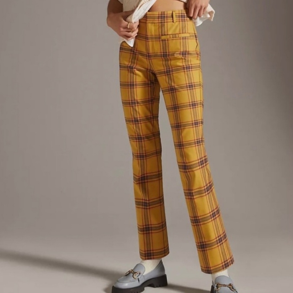 Anthropologie Yellow Plaid Straight-Leg Pants